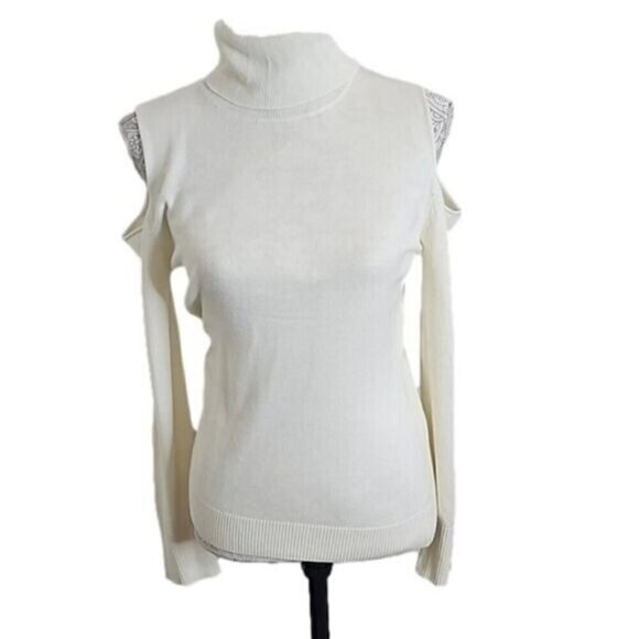 T Tahari Sweater Ivory Long Sleeve Cold Shoulder Turtleneck Women's Medium - Picture 1 of 10